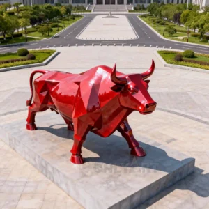 3D Geometric Red Bull Sculpture For Garden