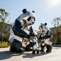 Geometric Metal Panda Family Statue