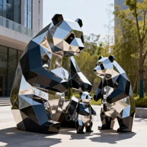 Geometric Panda Bear Family Statue