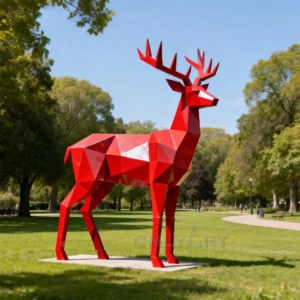 Geometric Red Metal Reindeer Statue