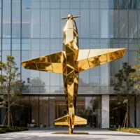 Golden Geometric Metal Airplane Sculpture