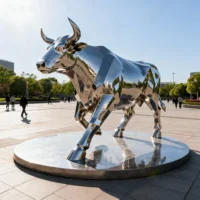Large Polished Handmade Metal Running Bull Sculpture Yard Art
