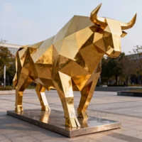 Life Size Geometric Gold Bull Sculpture