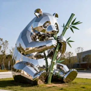 Outdoor Panda Statue Eating Bamboo