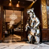 Polished Mirror Stainless Steel Bear Sculpture Decor Front Door
