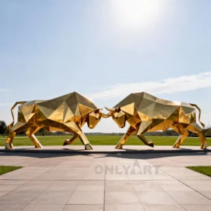 Stainless Steel Metal Geometric Gold Fighting Bull Sculpture