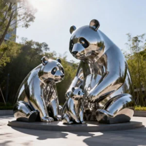 Stainless Steel Panda Bear Family Sculpture