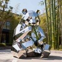 Stainless Steel Panda Eating Bamboo Sculpture