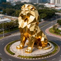 Geometric Large Gold Lion Statue