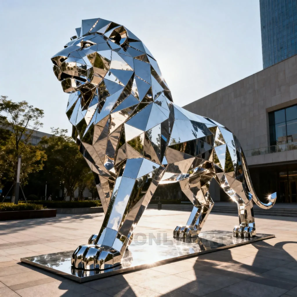 Geometric Lion Statues In Front of House