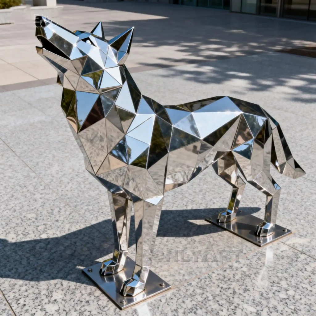 Geometric Metal Howling Wolf Statue