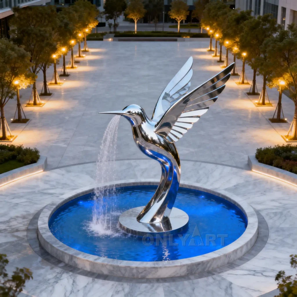 Large Metal Hummingbird Fountain Sculpture