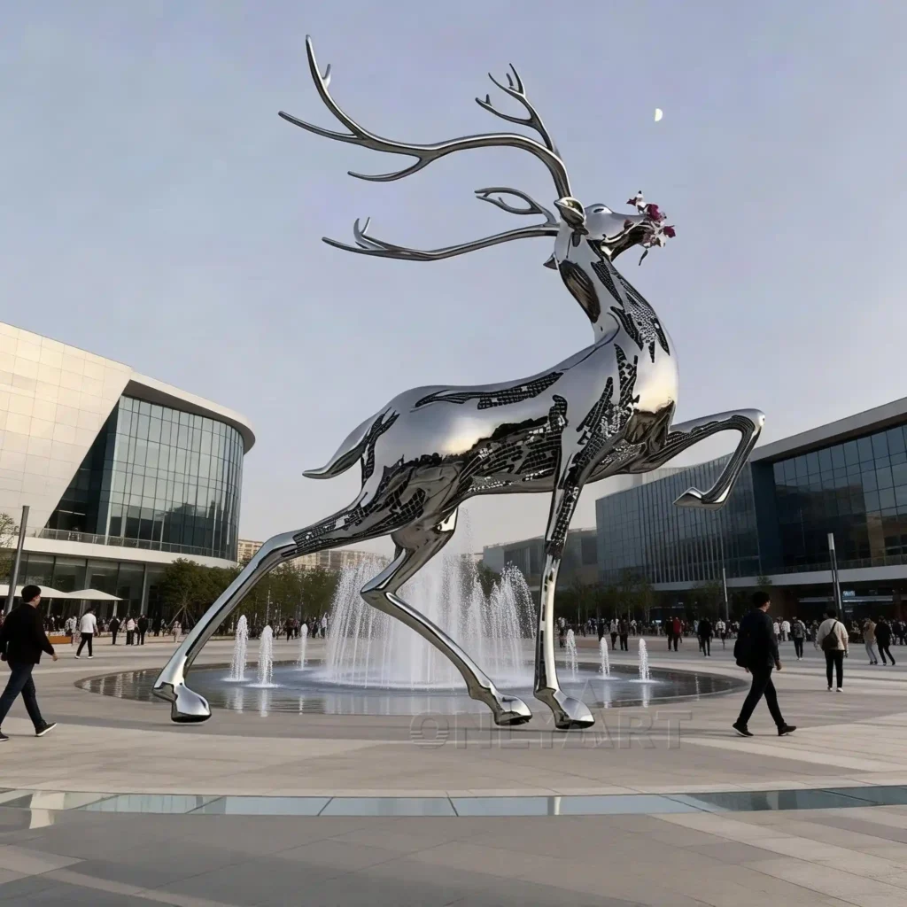 Large Sacred Elk Deer Holding Flower Metal Sculpture