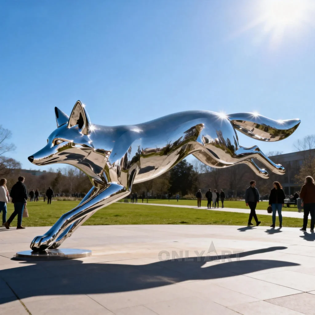 Metal Running Arctic Fox Sculpture