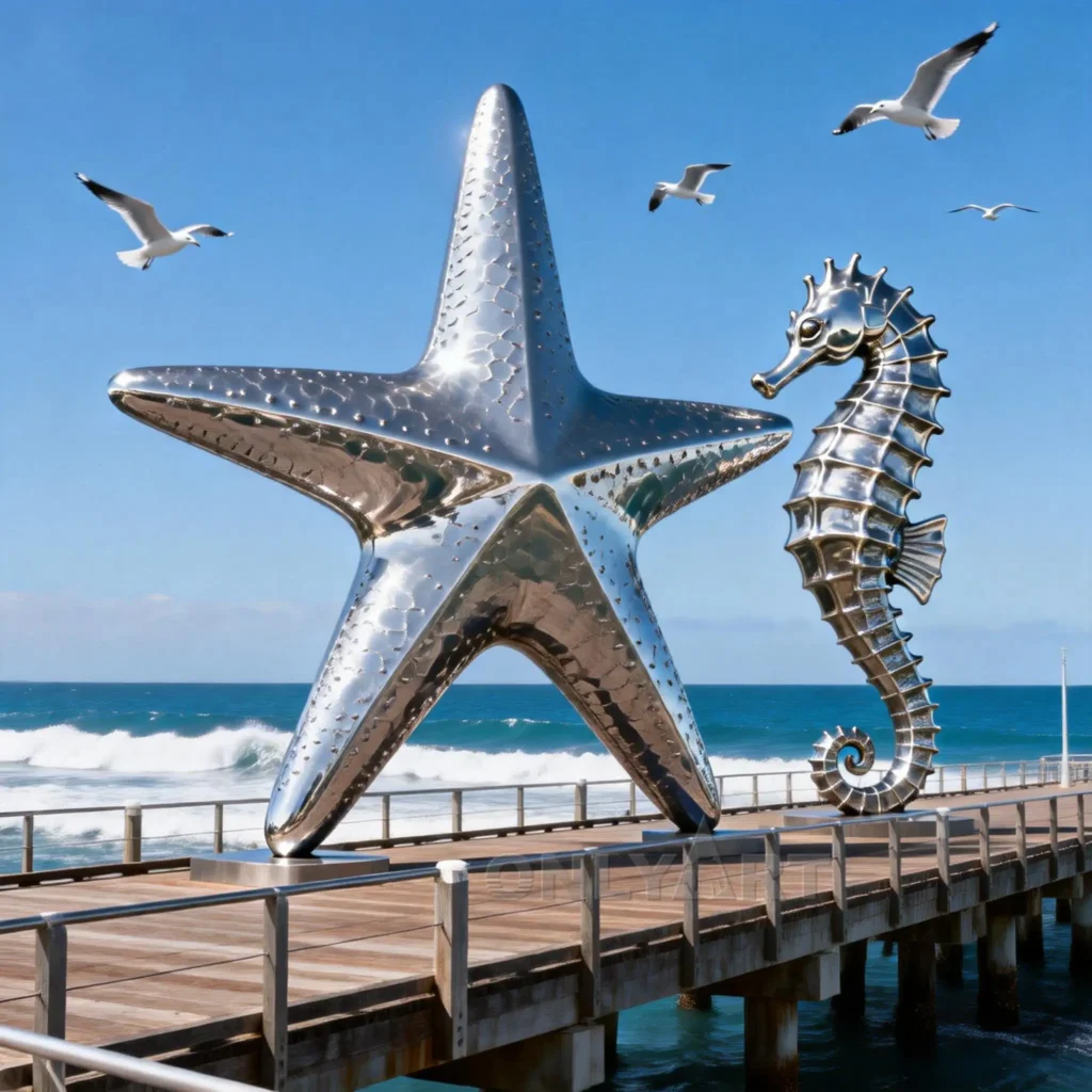Seaside Large Metal Seahorse and Starfish Sculpture