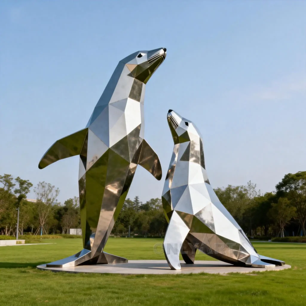 Geometric Metal Seal Garden Statue