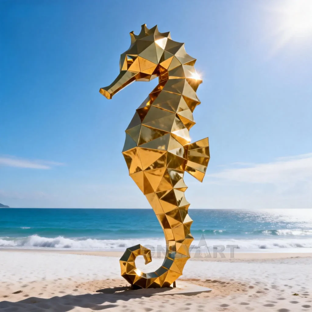 Gold Geometric Metal Seahorse Statue