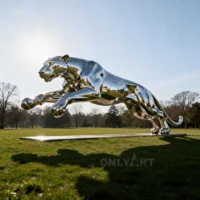 Metal Jumping Large Cheetah Statue