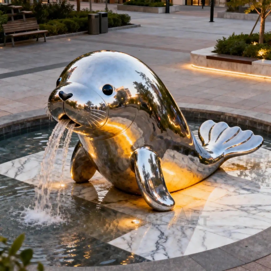 Metal Manatee Water Fountain Sculpture