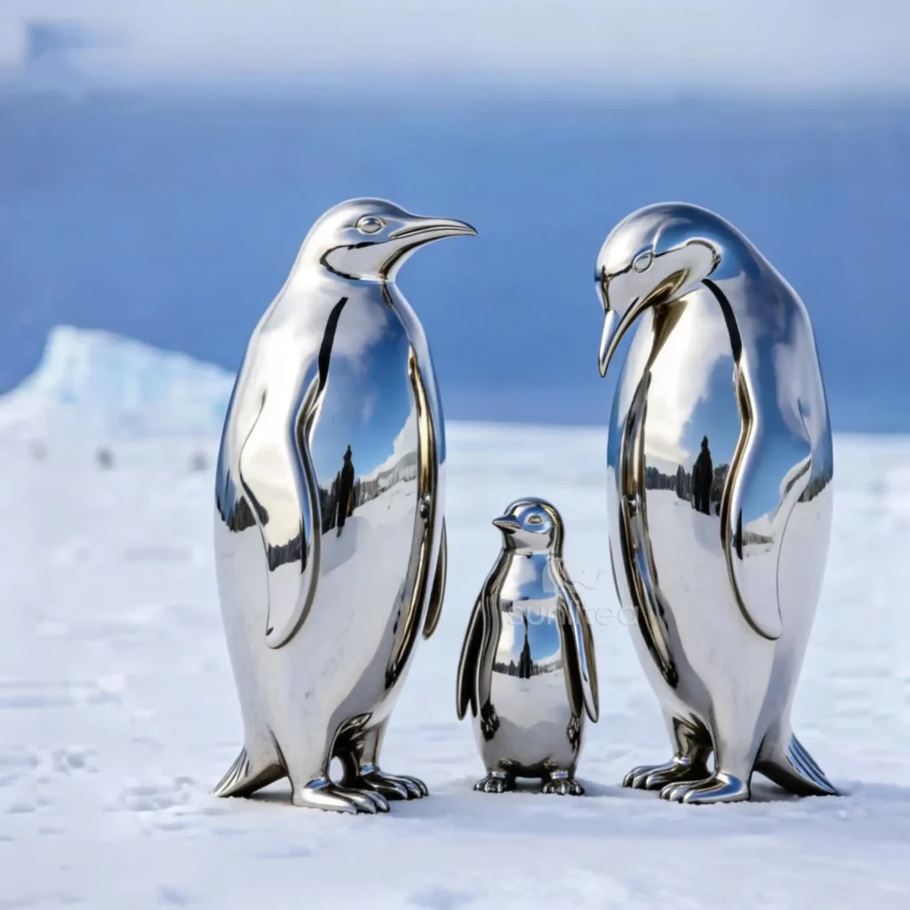 Metal Mirror Family Penguin Sculpture
