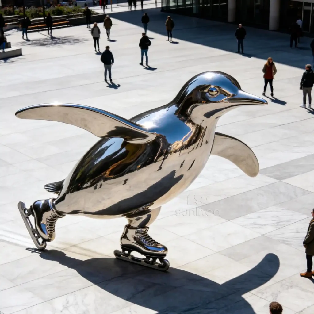 Outdoor Metal Penguin Sculpture Skating