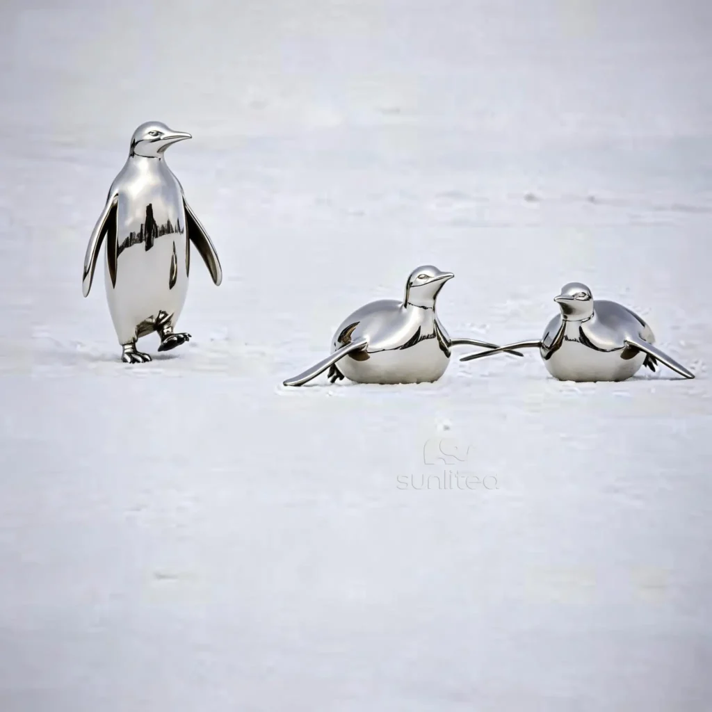 Stainless Steel Crawling Penguin Sculpture