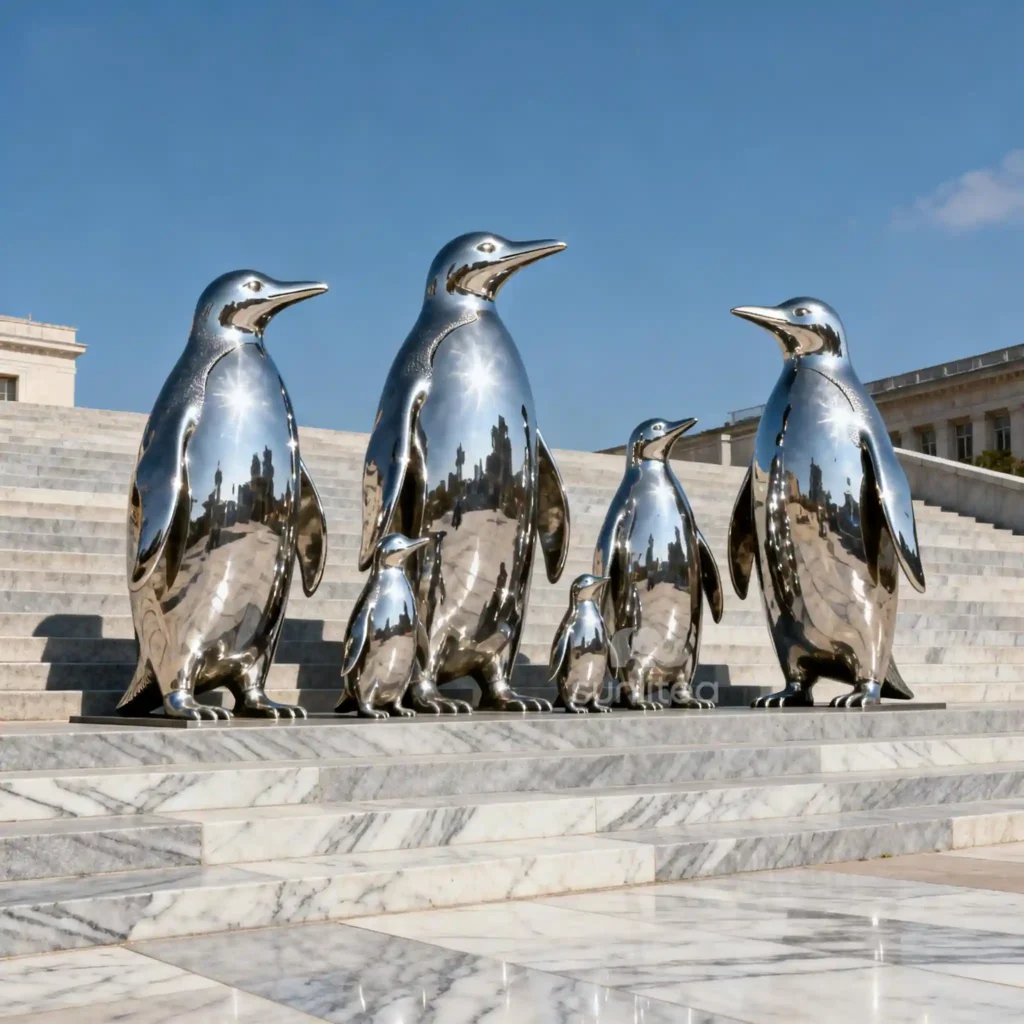 Stainless Steel Penguin Garden Family Statue For Sale