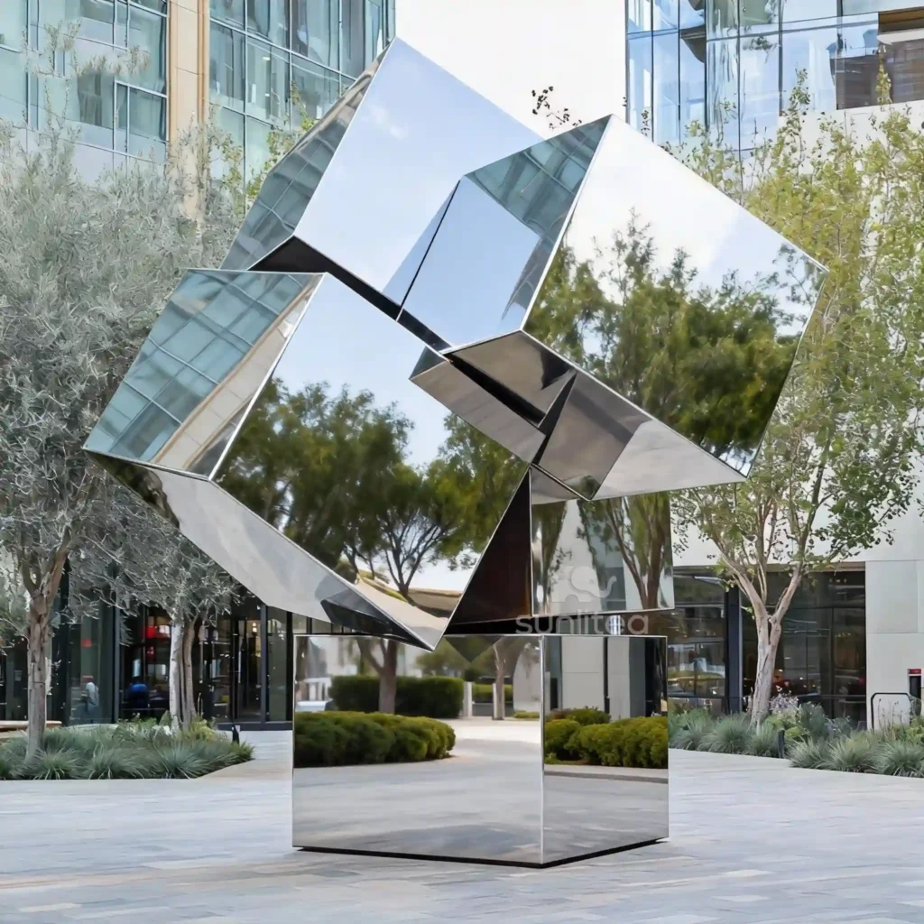 Abstract Geometric Sculpture Cube Large Stainless Steel