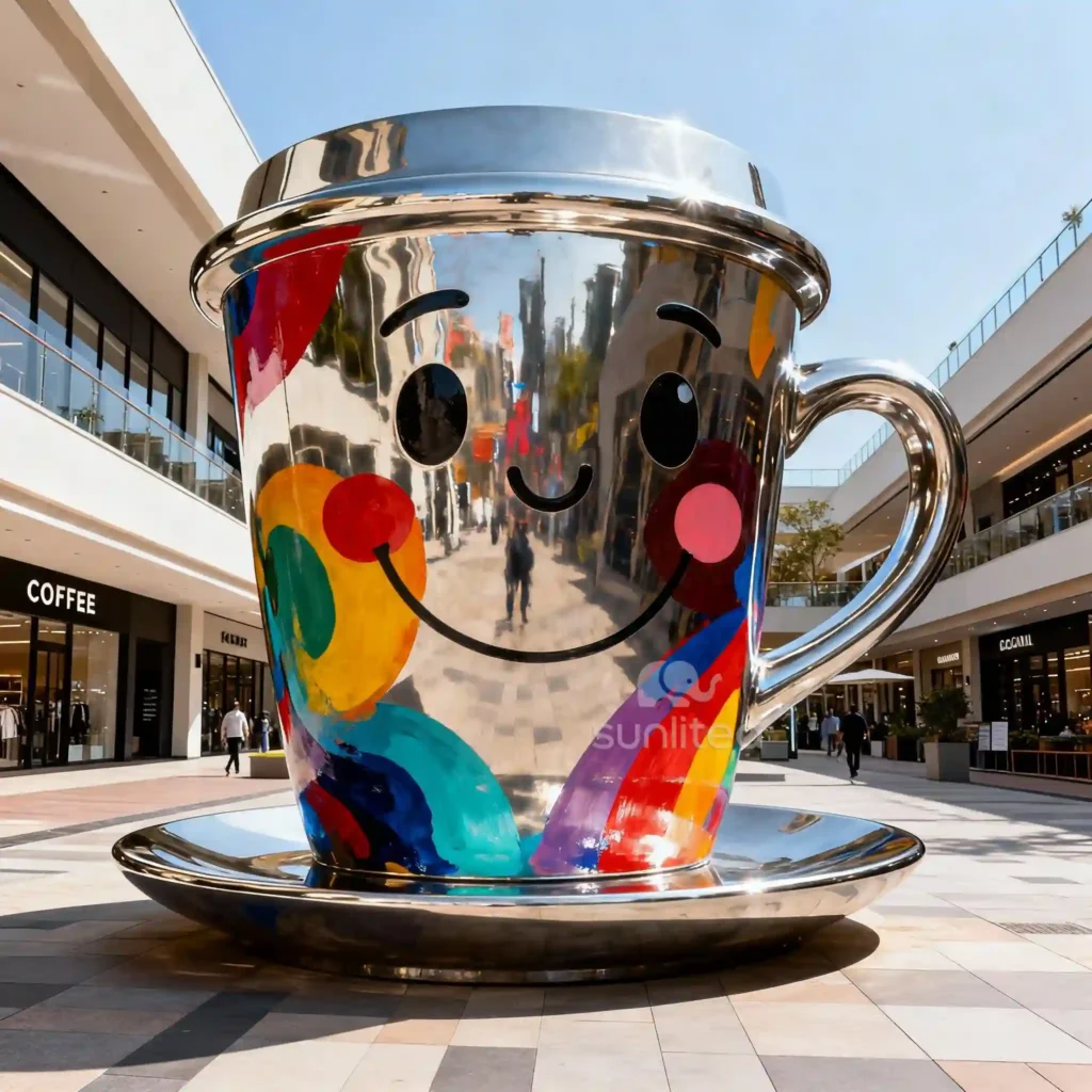 Coffee Cup Metal Sculpture With Smiley Face