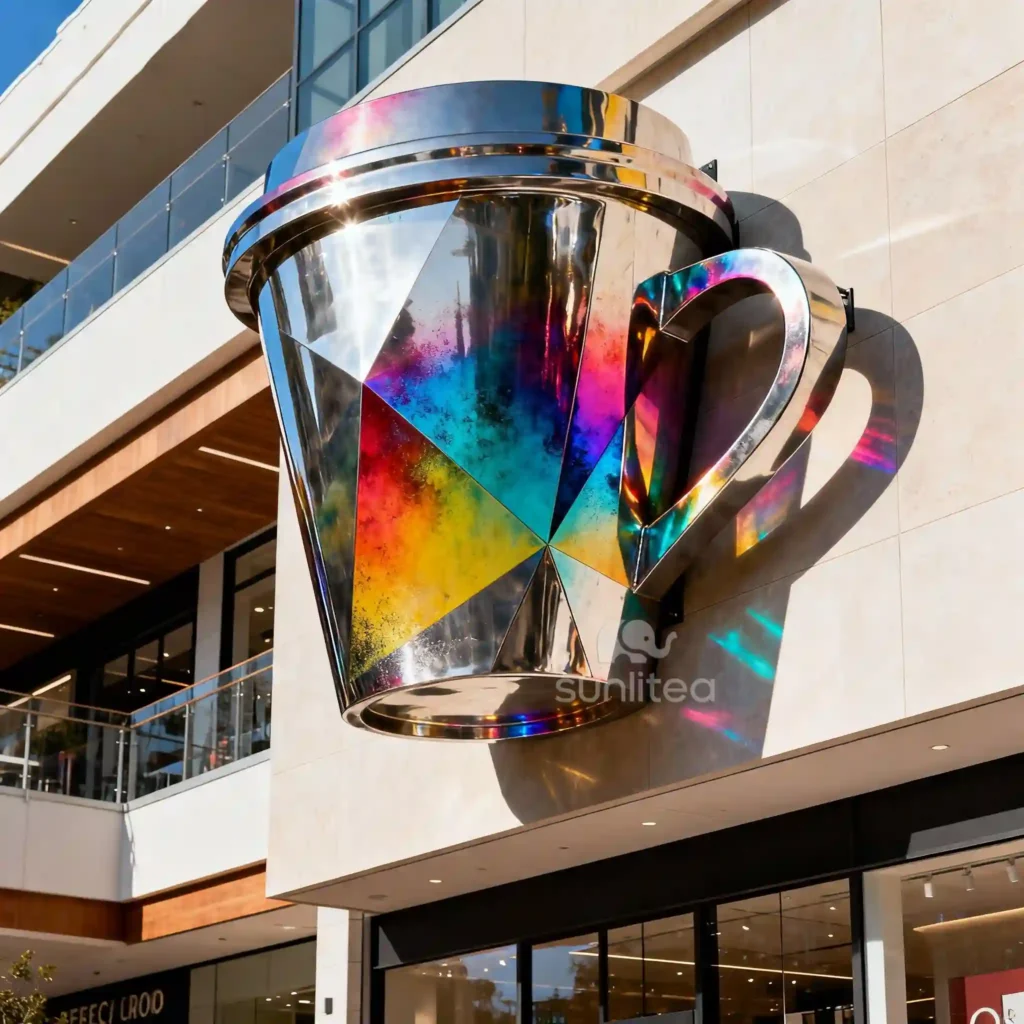 Colorful Metal Coffee Cup Sculpture Hanging on Wall