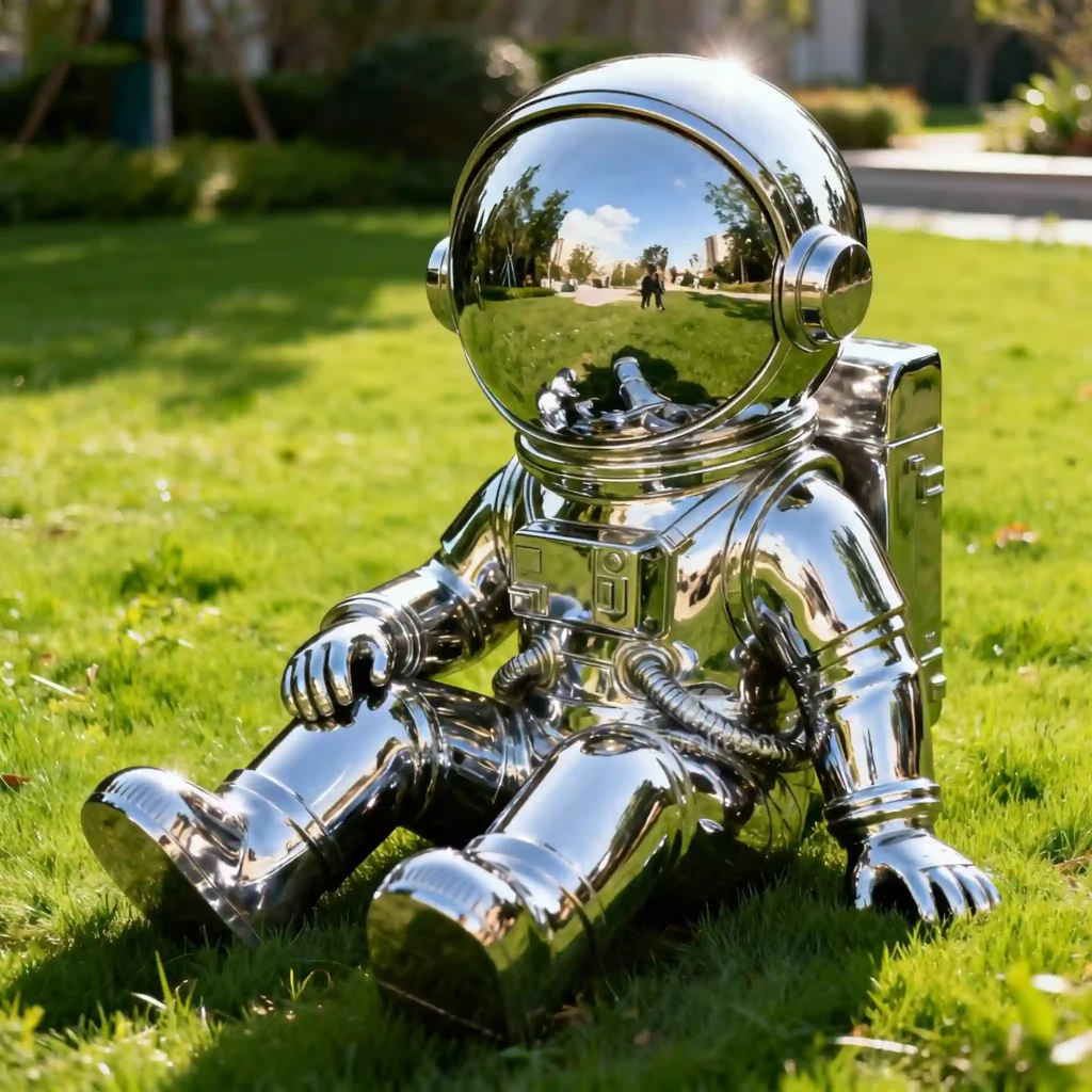 Cute Cartoon Sitting Metal Spaceman Sculpture