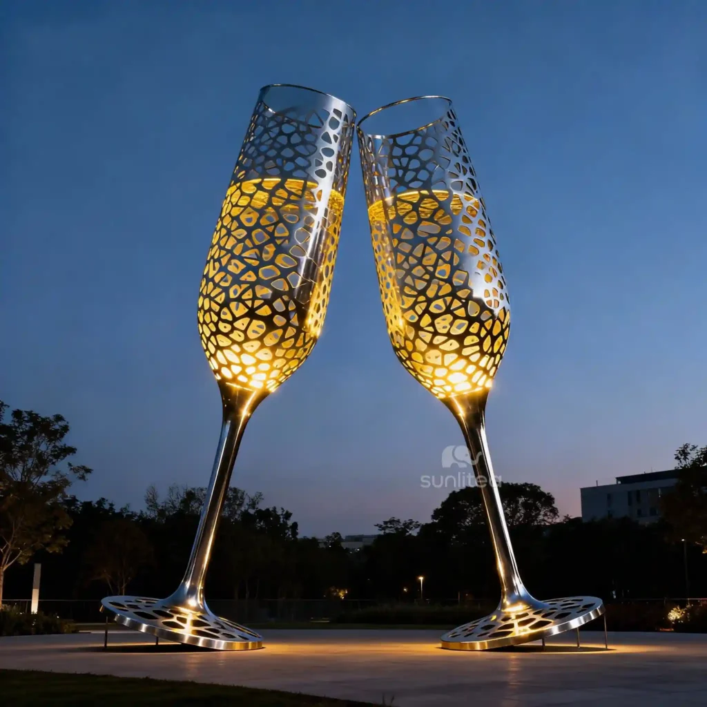 Decor Garden Golden Metal Champagne Glass Sculpture
