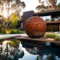 Hollow Metal Ball Sculpture Corten Steel Outdoor Decor