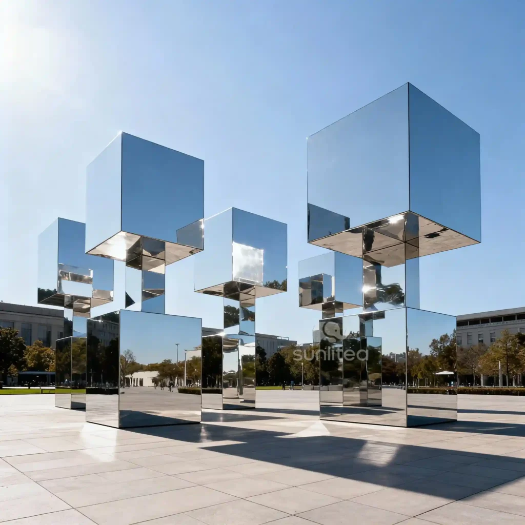 Large Cube Sculpture Mirror Steel