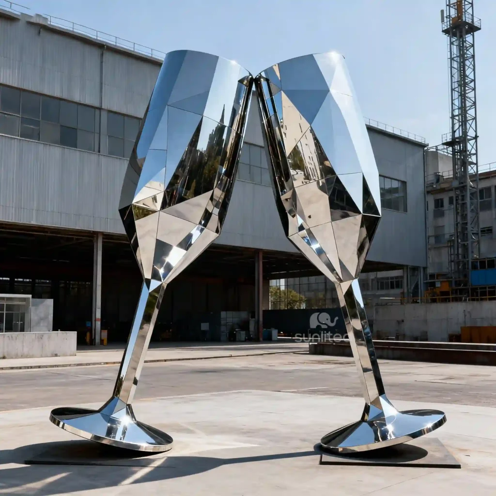 Large Stainless Steel Geometric Champagne Glass Sculpture