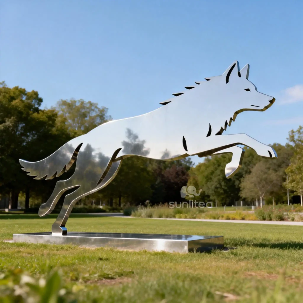 Life Size Metal Jumping Wolf Silhouette Sculpture