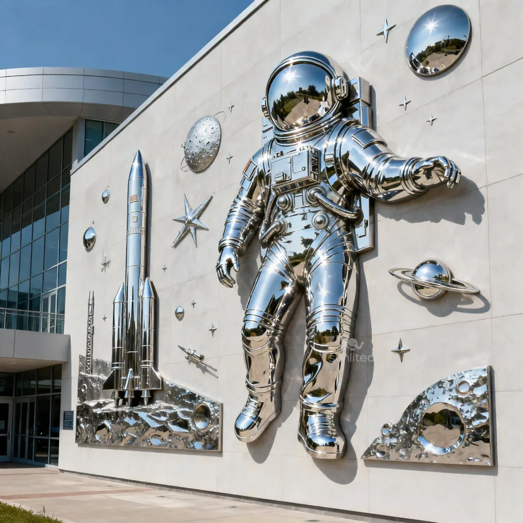 Life Size Spaceman Wall Stainless Steel Statue