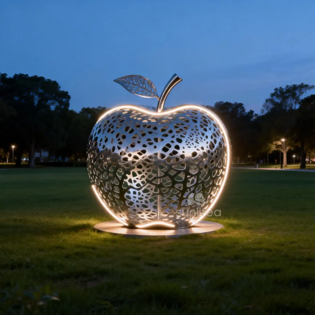 Mesh Holes Stainless Steel Apple Sculpture With Leaf