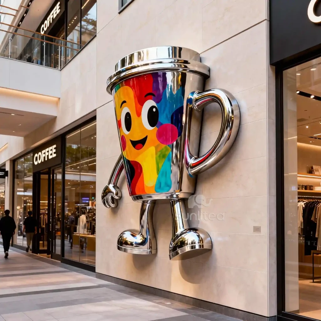 Metal Abstract Cute Cartoon Character Coffee Cup Sculpture On The Wall
