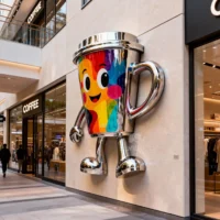 Metal Abstract Cute Cartoon Character Coffee Cup Sculpture On The Wall