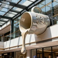 Metal Coffee Cup Pouring Liquid Splash Sculpture