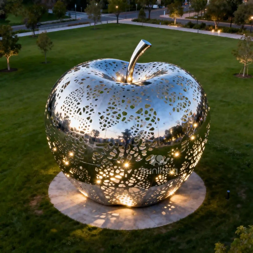 Metal Mesh The Apple Sculpture Glows At Night