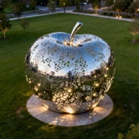 Metal Mesh The Apple Sculpture Glows At Night