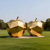 Outdoor Geometric Golden Two Apple Statue For Sale