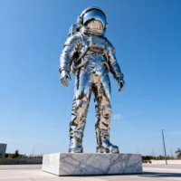 Polished Metal Sculpture of Astronaut Outdoor