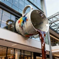 Roof Pouring Coffee Cup Metal Sculpture