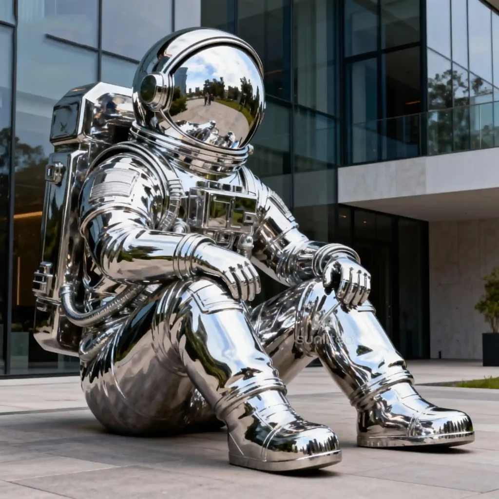 Sitting Stainless Steel Astronaut Statue Silver Home Decor
