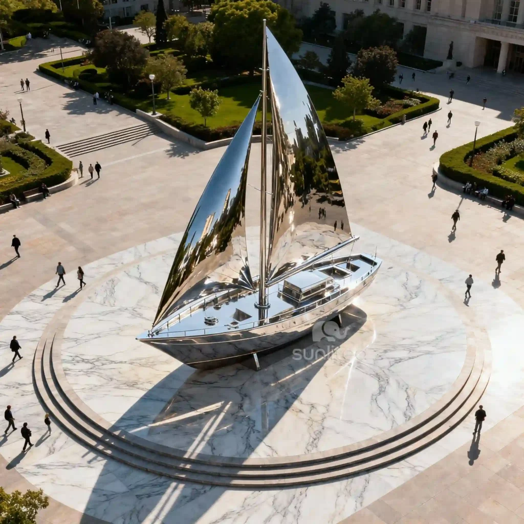 Stainless Steel Large Fishing Boat Sculpture