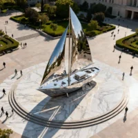 Stainless Steel Large Fishing Boat Sculpture