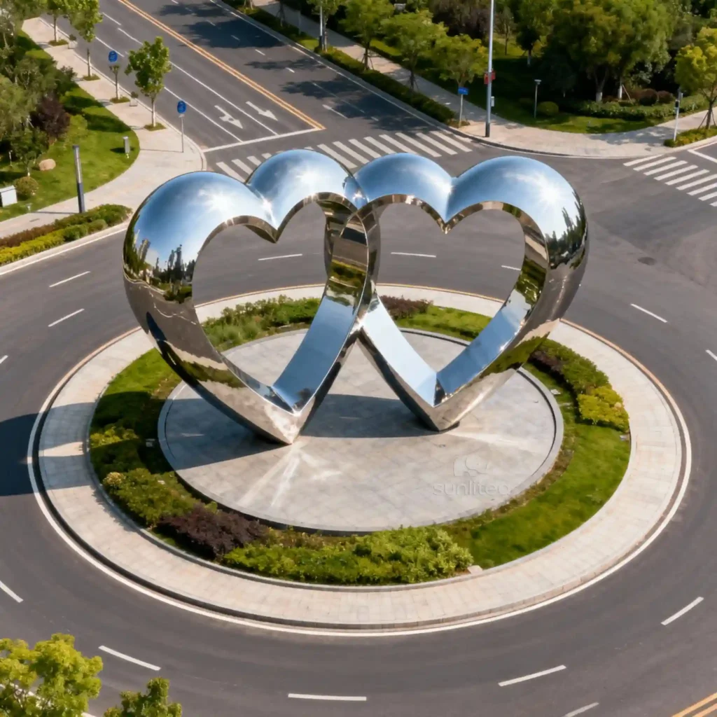 Two Hearts Sculpture Stainless Steel Decor Garden